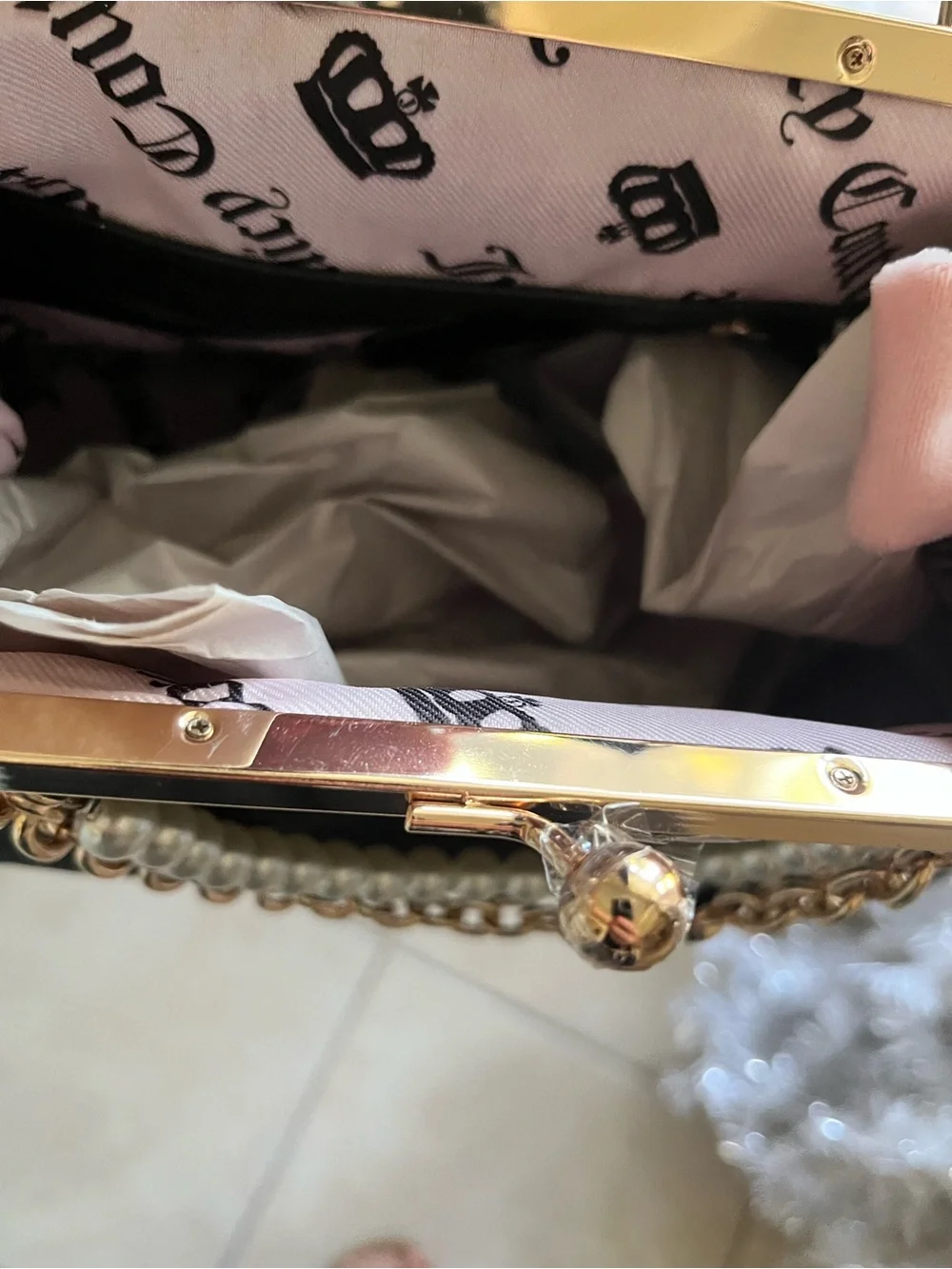 NWT Juicy Couture Lock Bag Pink Bow Pearl Chain Charm Haus Frame Clutch Licorice